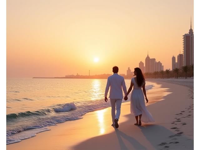 Couple relaxing on a serene beach at sunset in the UAE