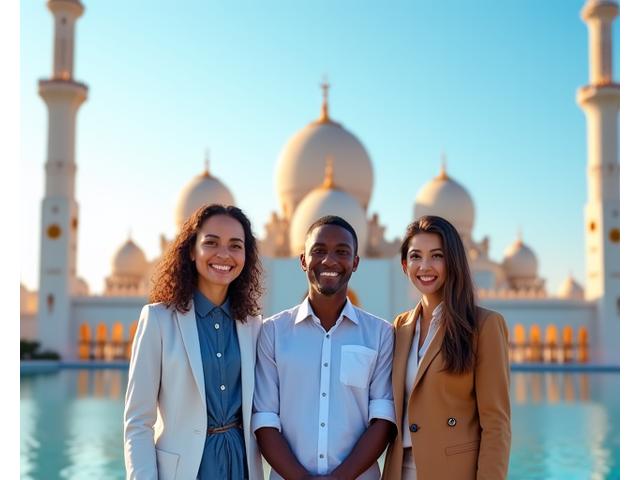 Emirates Horizons team standing proudly in front of the Sheikh Zayed Grand Mosque in Abu Dhabi, reflecting their local expertise.