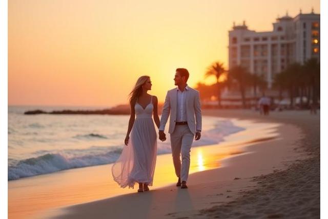 Romantic couples dining at a luxurious resort by the beach at sunset in the UAE